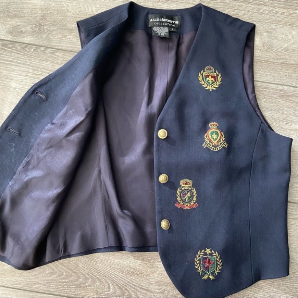 Vintage 90s Wool Liz Claiborne Gold Badge Fleur Navy Preppy Tailored Vest - Picture 9 of 11